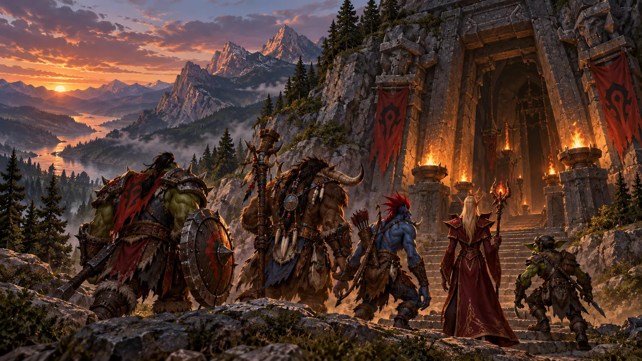 Five Horde friends gathering at a torchlit dungeon entrance.
