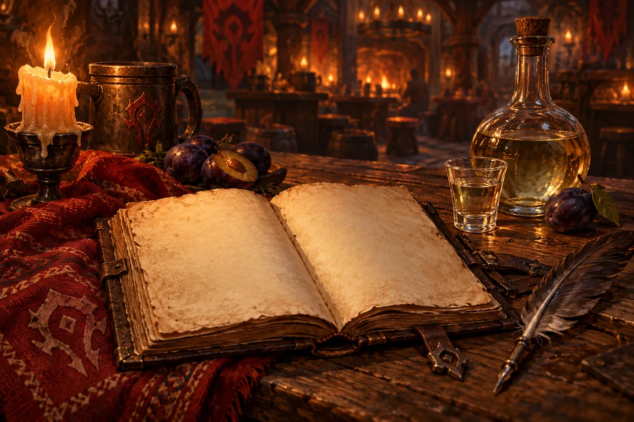 An open parchment journal, quill, plums and rakija on a candlelit tavern table.