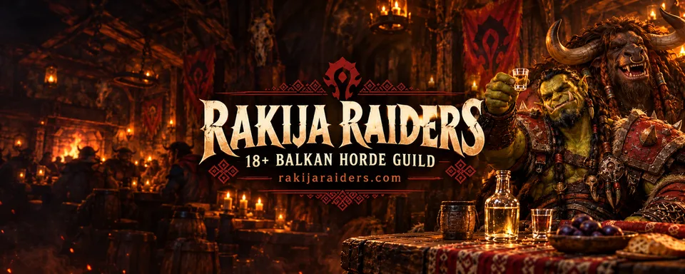 Rakija Raiders Twitch cover: Horde tavern artwork, 18+ Balkan Horde guild, rakijaraiders.com.