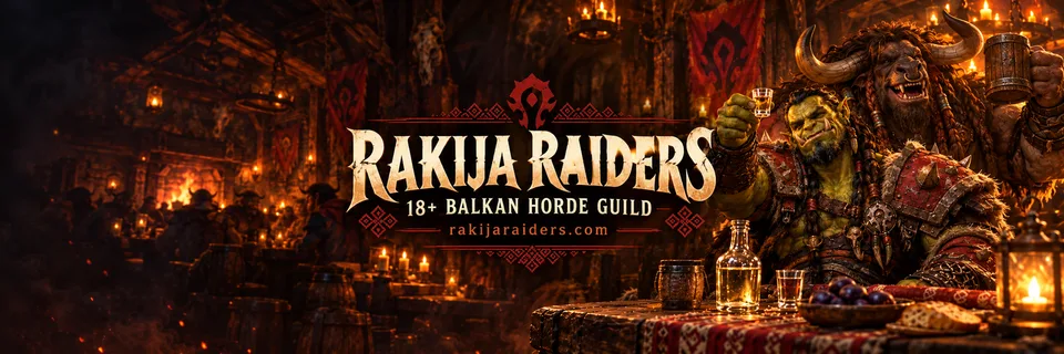 Rakija Raiders X / Twitter cover: Horde tavern artwork, 18+ Balkan Horde guild, rakijaraiders.com.
