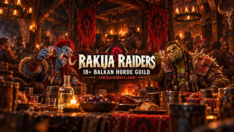 Rakija Raiders YouTube cover: Horde tavern artwork, 18+ Balkan Horde guild, rakijaraiders.com.